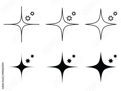 Six black and white starburst sparkle with smaller stars symbol shape simple