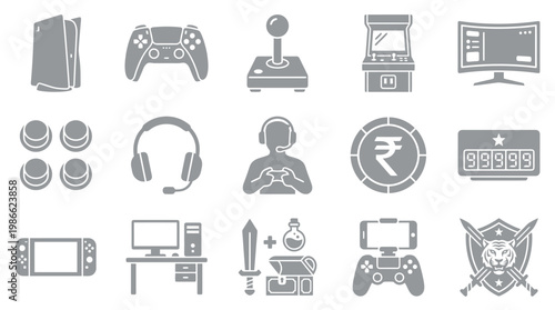 Collection of gaming icons and symbols representing various aspects of video games and digital entertainment.