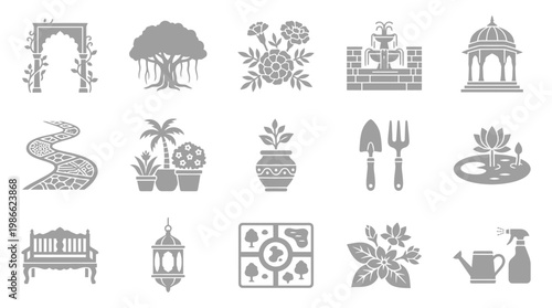 A collection of garden-themed icons, including an archway, banyan tree, fountain, gazebo, winding path, potted plants, watering can, and bench.