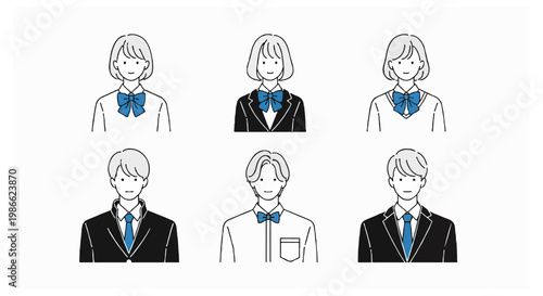 A set of six vector illustrations shows high school students in various Japanese school uniforms including blazers and sweaters with blue ribbons.