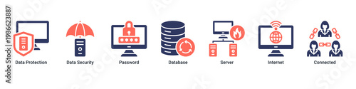 Data Security web banner icon vector illustration with icons of Data Protection, Data Security, Password, Database, Server, Internet and Connected