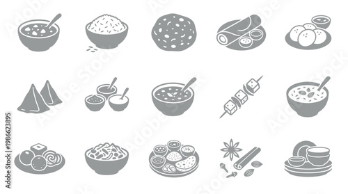 A collection of 15 diverse Indian food icons, showcasing a variety of traditional dishes and culinary elements.