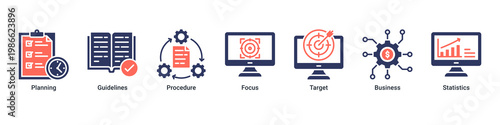 Risk Planning web banner icon vector illustration with icons of Planning, Guidelines, Procedure, Focus, Target, Business and Statistics