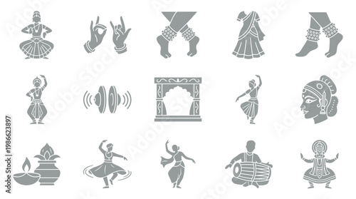Collection of Indian classical dance elements, including dancers in various poses, hand gestures, traditional attire, musical instruments, and cultural symbols.