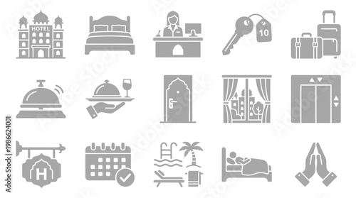 Collection of hotel and hospitality service icons, including a building, bed, reception desk, key, luggage, bell, room service, door, window, elevator, sign, calendar, pool, and sleeping person.