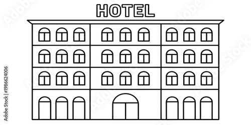 A simple black and white line drawing of a large hotel building with many arched windows in rows. Vector, illustration