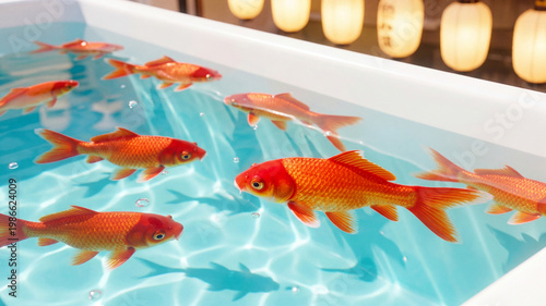 Japanese Goldfish Scooping Game at Summer Festival Background with Copy Space