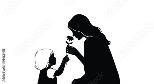Silhouette of a woman and a child sharing a tender moment with a flower