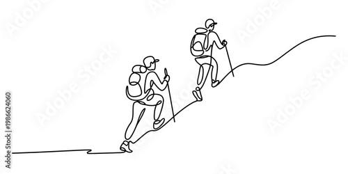 Continuous line drawing of two backpackers hiking up a steep hill together in nature activity Vector, illustration