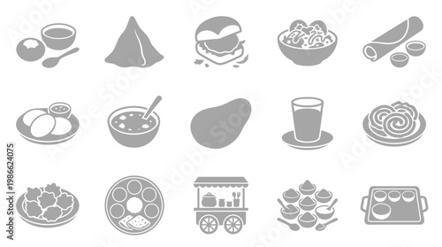 A collection of Indian street food and snack icons, showcasing a variety of popular dishes and beverages.