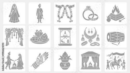 Collection of Indian wedding symbols and rituals depicted in a grid of monochrome icons, illustrating key elements of a traditional ceremony.