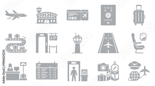 Collection of airport and travel-related icons, including airplanes, terminals, security, and luggage, illustrating the journey of air travel.