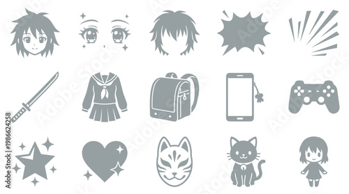 A collection of 15 grey anime-style icons featuring characters, clothing, accessories, and symbols.