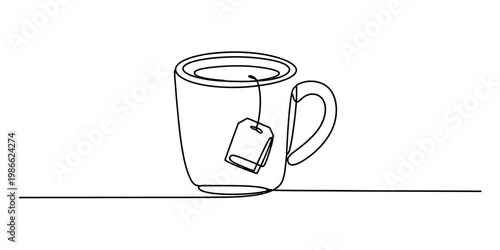 A single continuous line drawing of a simple ceramic tea cup containing a small tea bag inside it. Vector, illustration