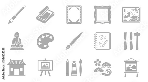 A collection of artistic and cultural icons, including painting tools, frames, a Buddha statue, and traditional Japanese motifs.