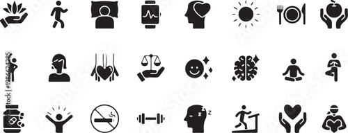 A set of twenty one icons related to health and wellness on white background vector graphic