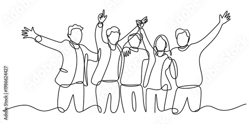 continuous line art A group of five people celebrating their victory together with their arms raised high in the air