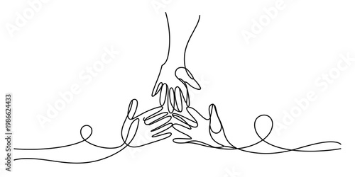 A minimalist continuous line art drawing of three hands coming together for unity and teamwork Vector, illustration