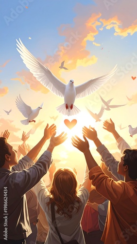 People releasing white doves at sunrise