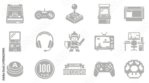 A collection of pixel art icons representing various aspects of video gaming, including consoles, controllers, arcade machines, and characters.