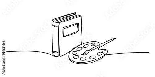 A continuous line drawing depicting a thick book standing next to an artist palette with a brush. Vector, illustration