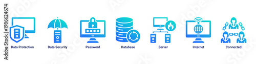 Data Security web banner icon vector illustration with icons of Data Protection, Data Security, Password, Database, Server, Internet and Connected