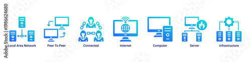 Network System web banner icon vector illustration with icons of Local Area Network, Peer To Peer, Connected, Internet, Computer, Server and Infrastructure