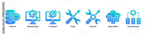 Recovery Process web banner icon vector illustration with icons of Restore, Maintenance, It Support, Tools, Service, Data Center and Infrastructure