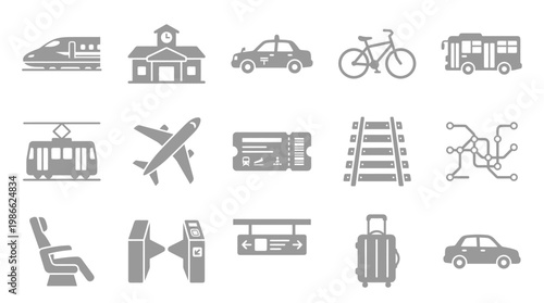 A collection of 15 grey icons representing various modes of transportation and travel-related elements, including trains, planes, cars, and stations.