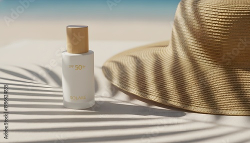 White sunscreen bottle and straw hat with palm shadows on a beach for a sunburn prevention and skin health concept during a tropical summer vacation