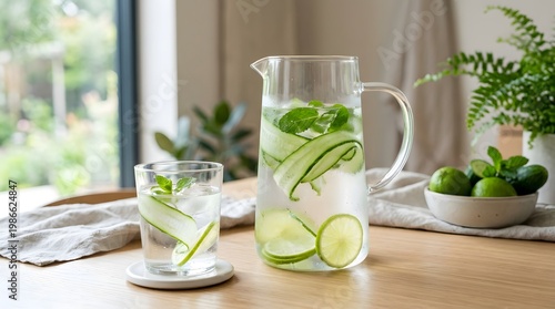 Refreshing Detox Water with Cucumber Lime and Mint in Clear Glass