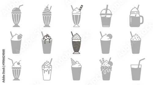 A collection of 15 stylized, monochrome icons representing various types of milkshakes, smoothies, and iced beverages, each with a straw.