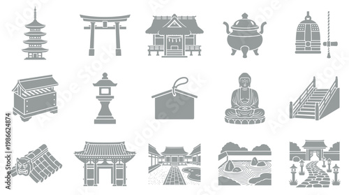 A collection of 15 detailed gray icons representing various elements of Japanese culture and architecture, including temples, pagodas, torii gates, and garden features.