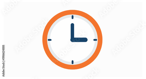 A minimalist orange and blue clock icon showing three o'clock.