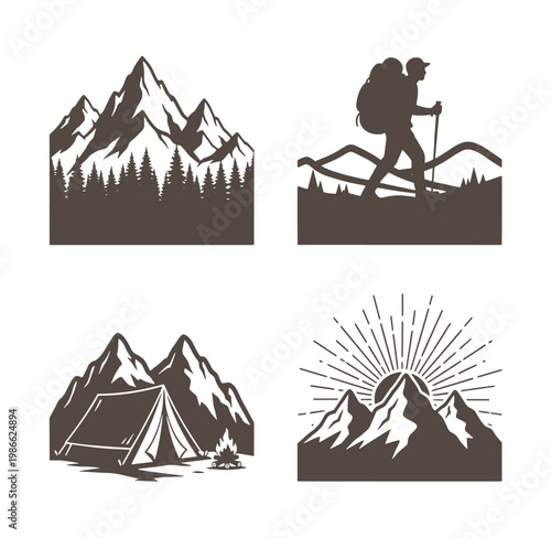 Set of mountain landscape and hiking icons with silhouettes of mountains trees tent and hiker with backpack and trekking poles