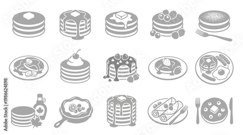A collection of various pancake illustrations, showcasing different toppings and serving styles, including syrup, berries, and full breakfast plates.