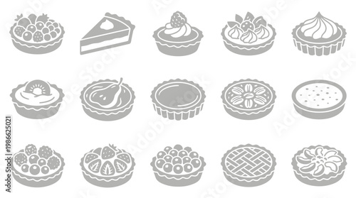 A collection of 15 stylized, monochrome icons representing various types of tarts and pies, showcasing different fillings and decorative crusts.