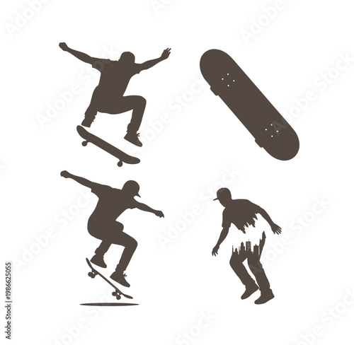 Silhouettes of skateboarders performing tricks with skateboard isolated on white background