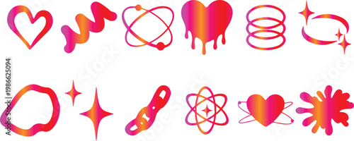 Colorful vector graphic illustrations of hearts, stars, and abstract shapes in pink and orange hues