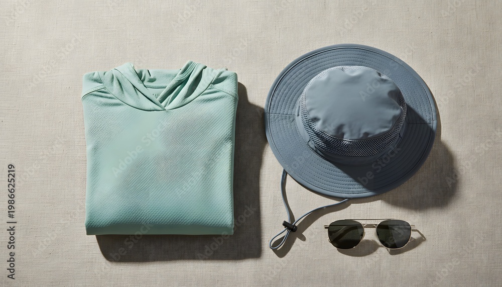 Fototapeta premium Uv protection clothing featuring a hooded shirt, wide brim hat, and sunglasses on canvas for sun safety concept and outdoor skin care preparation