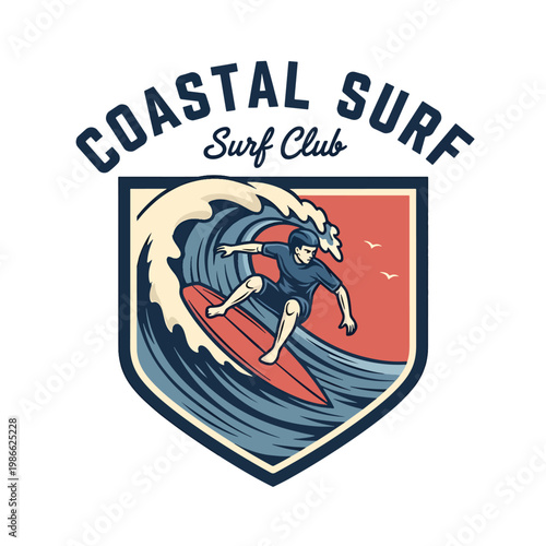 Coastal Surf Club Badge Illustration with Surfer Riding a Wave.