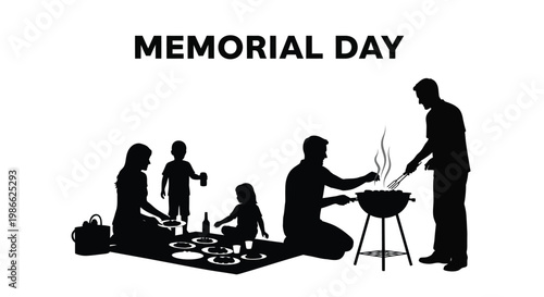 Memorial day family enjoying barbecue in silhouette illustration style vector graphic