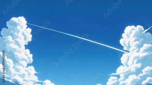 Animated Blue Sky With Fluffy White Clouds Jet Trail Possibly Used As Background Visual Element Offering Sense Of Freedom Aspiration