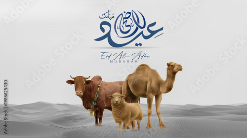 Eid Al Adha mubarak with cute sheep cow and camel. The holiday occurs after the culmination of the annual Hajj. you can use it for islamic occasions like Eid Ul Fitr and Eid Ul Adha