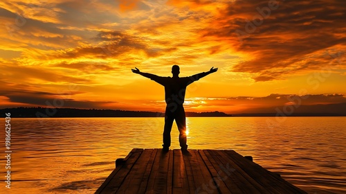 Man Silhouette with Arms Open on Dock Facing Vibrant Sunrise Over Water