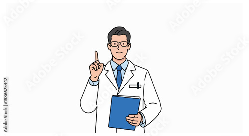 A male medical professional in a white coat pointing one finger up.
