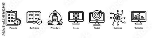 Risk Planning web banner icon vector illustration with icons of Planning, Guidelines, Procedure, Focus, Target, Business and Statistics