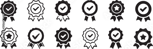 Various vector graphic check mark and star rosette award icons for recognition and validation purposes