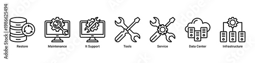 Recovery Process web banner icon vector illustration with icons of Restore, Maintenance, It Support, Tools, Service, Data Center and Infrastructure