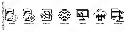 Data Management web banner icon vector illustration with icons of Database, Add Database, Database, Processing, Statistics, Data Center and Publication